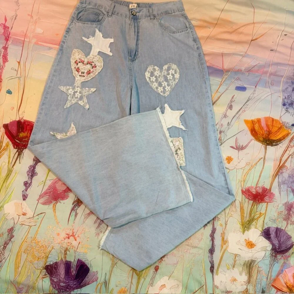 🆕Pol Star Heart Lace Patchwork Blue Denim Wide Leg Pants Size Medium - Picture 6 of 12